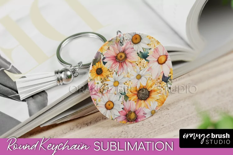 Pink Flowers Keychain, Floral Keychain Sublimation Design