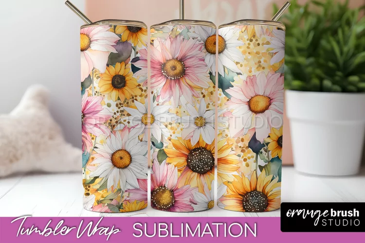 Floral Tumbler Wrap - Pink Flowers Watercolor Tumbler PNG