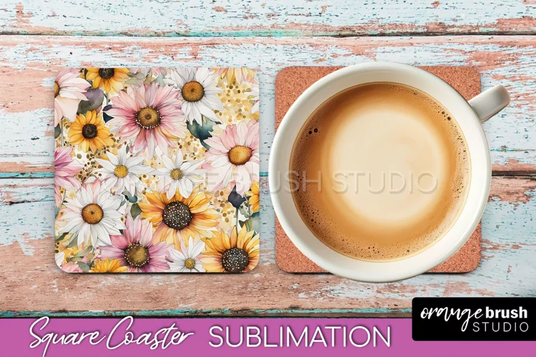 Watercolor Flowers Square Coaster - Floral Pink Sublimation