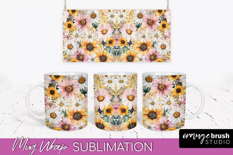 Pink Watercolor Flowers Mug Wrap - Floral Mug Sublimation