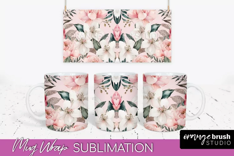 Pink Watercolor Flowers Mug Wrap - Floral Mug Sublimation
