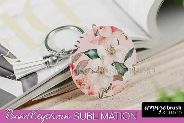 Pink Flowers Keychain, Floral Keychain Sublimation Design