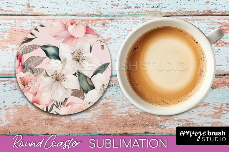 Watercolor Flowers Round Coaster - Floral Pink Sublimation