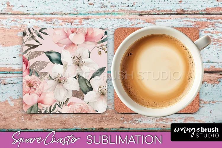 Watercolor Flowers Square Coaster - Floral Pink Sublimation