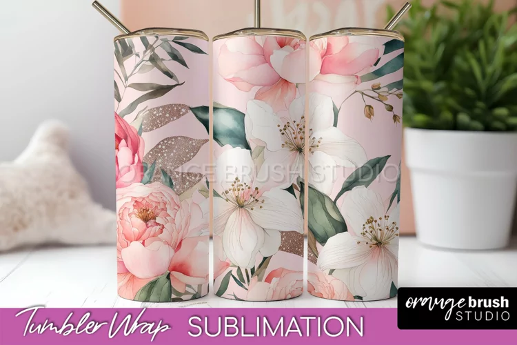 Floral Tumbler Wrap - Pink Flowers Watercolor Tumbler PNG