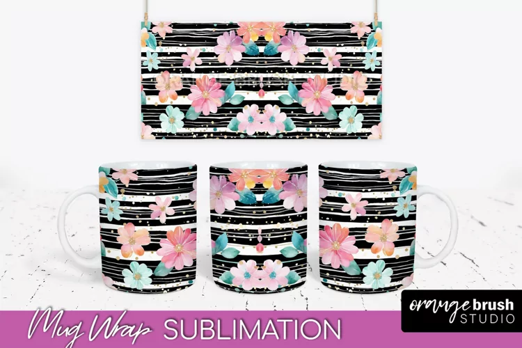 Pink Watercolor Flowers Mug Wrap - Floral Mug Sublimation
