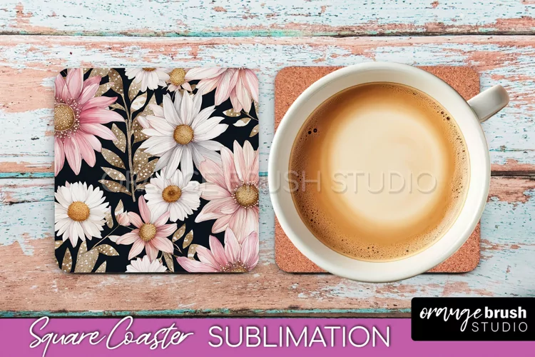 Watercolor Flowers Square Coaster - Floral Pink Sublimation