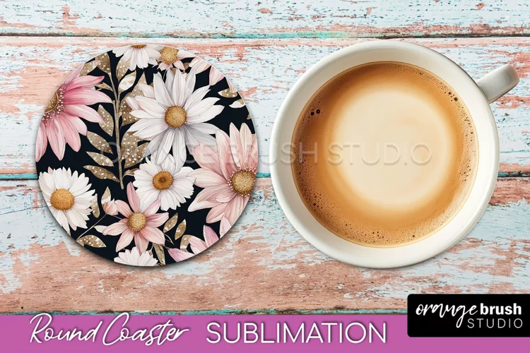 Watercolor Flowers Round Coaster - Floral Pink Sublimation