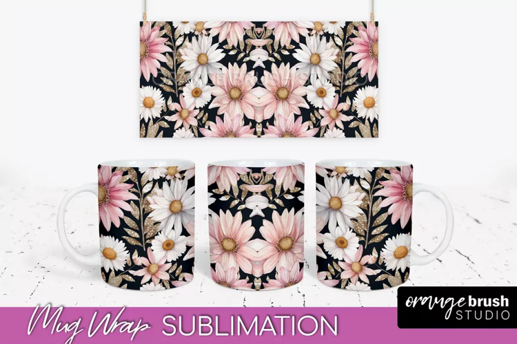 Pink Watercolor Flowers Mug Wrap - Floral Mug Sublimation
