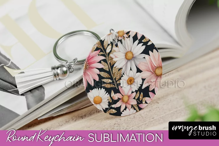 Pink Flowers Keychain, Floral Keychain Sublimation Design