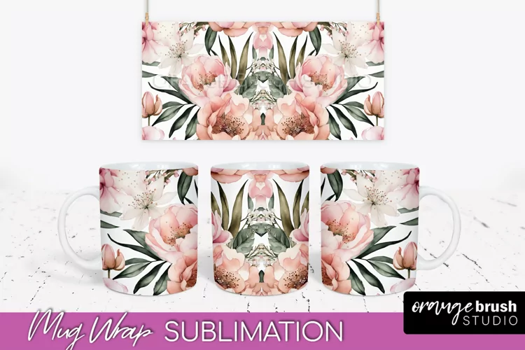 Pink Watercolor Flowers Mug Wrap - Floral Mug Sublimation