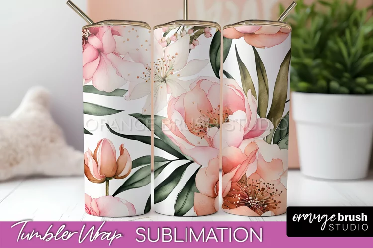 Floral Tumbler Wrap - Pink Flowers Watercolor Tumbler PNG