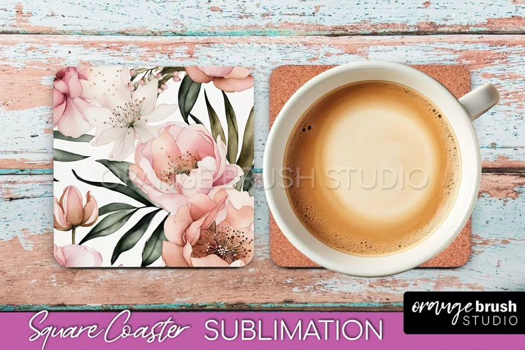 Watercolor Flowers Square Coaster - Floral Pink Sublimation