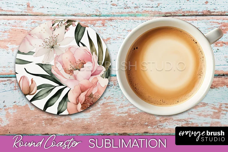 Watercolor Flowers Round Coaster - Floral Pink Sublimation