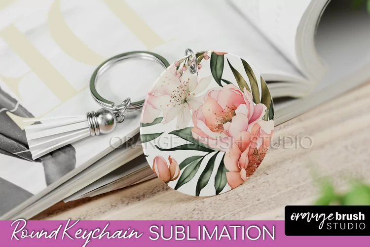 Pink Flowers Keychain, Floral Keychain Sublimation Design