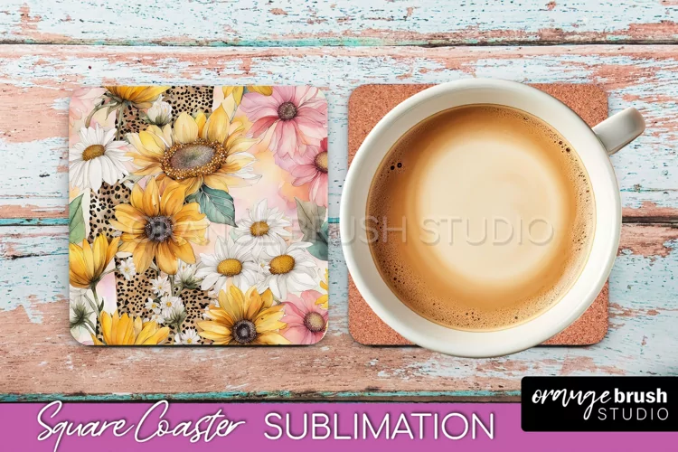Watercolor Flowers Square Coaster - Floral Pink Sublimation