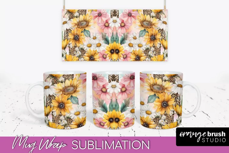 Pink Watercolor Flowers Mug Wrap - Floral Mug Sublimation