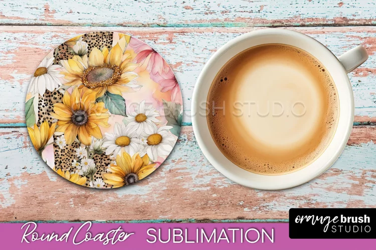Watercolor Flowers Round Coaster - Floral Pink Sublimation