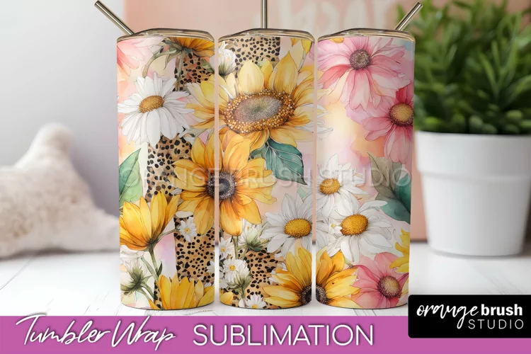 Floral Tumbler Wrap - Pink Flowers Watercolor Tumbler PNG