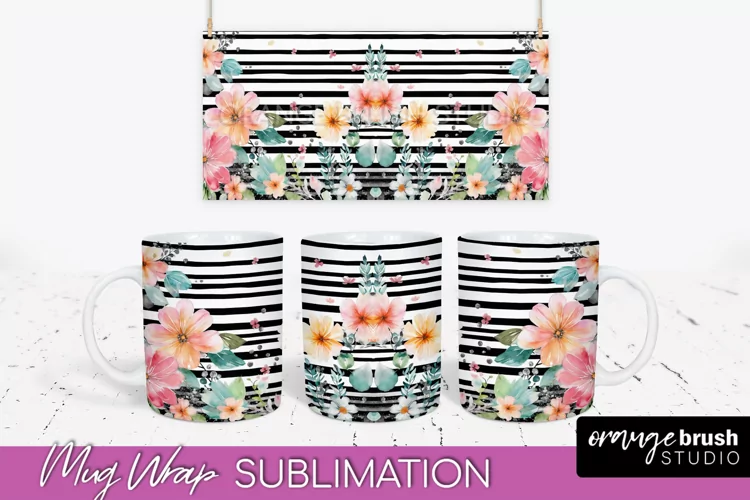 Pink Watercolor Flowers Mug Wrap - Floral Mug Sublimation