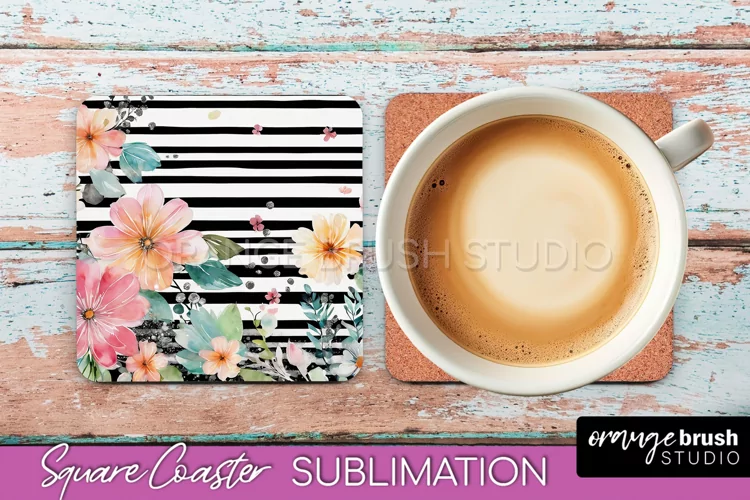 Watercolor Flowers Square Coaster - Floral Pink Sublimation