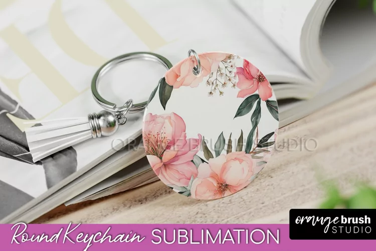 Pink Flowers Keychain, Floral Keychain Sublimation Design