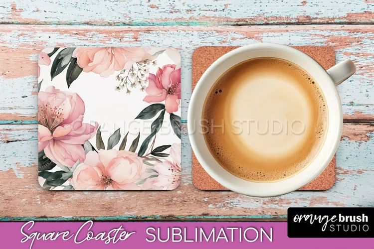 Watercolor Flowers Square Coaster - Floral Pink Sublimation