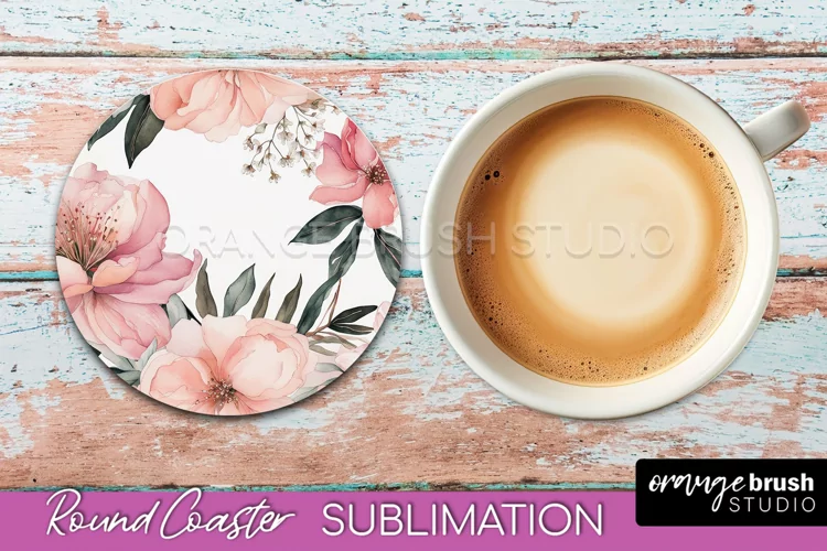 Watercolor Flowers Round Coaster - Floral Pink Sublimation
