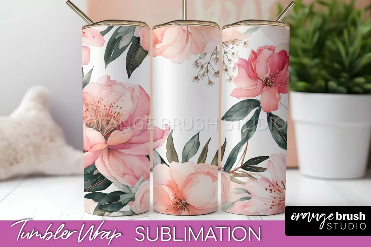 Floral Tumbler Wrap - Pink Flowers Watercolor Tumbler PNG