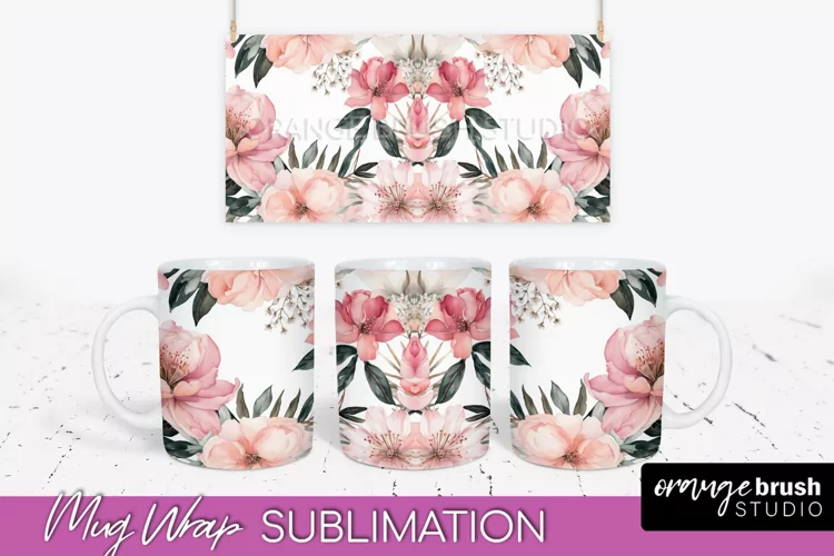 Pink Watercolor Flowers Mug Wrap - Floral Mug Sublimation