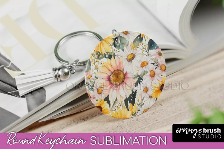Pink Flowers Keychain, Floral Keychain Sublimation Design