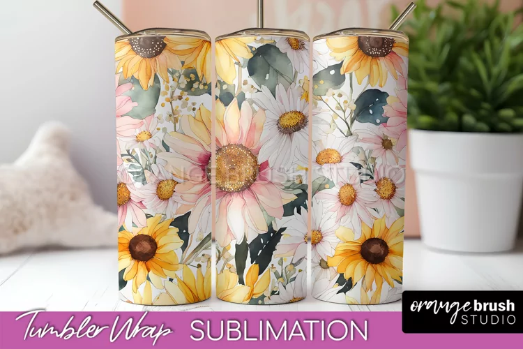 Floral Tumbler Wrap - Pink Flowers Watercolor Tumbler PNG