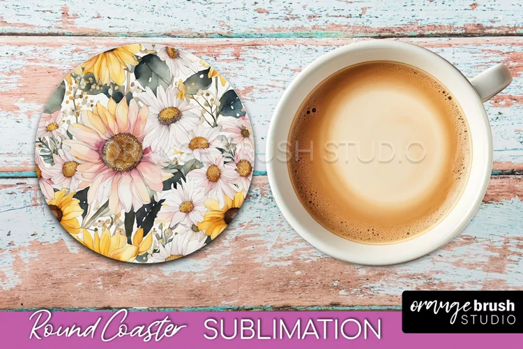 Watercolor Flowers Round Coaster - Floral Pink Sublimation