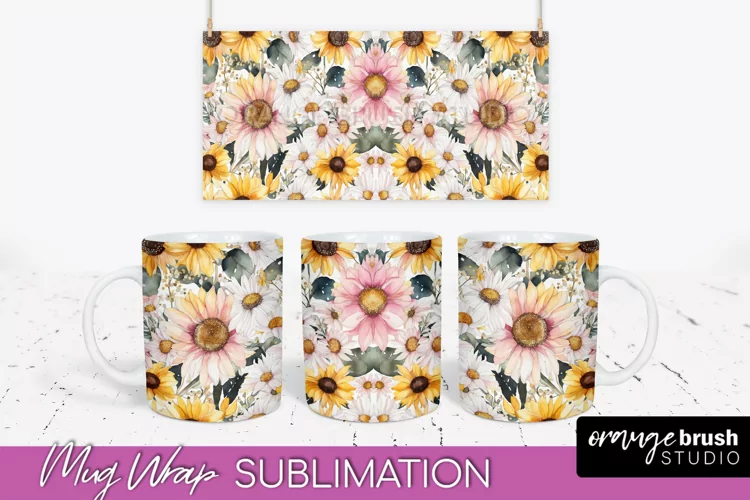 Pink Watercolor Flowers Mug Wrap - Floral Mug Sublimation