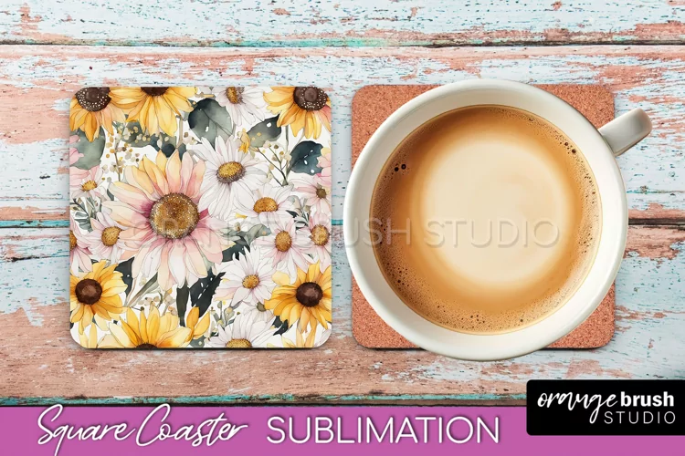 Watercolor Flowers Square Coaster - Floral Pink Sublimation