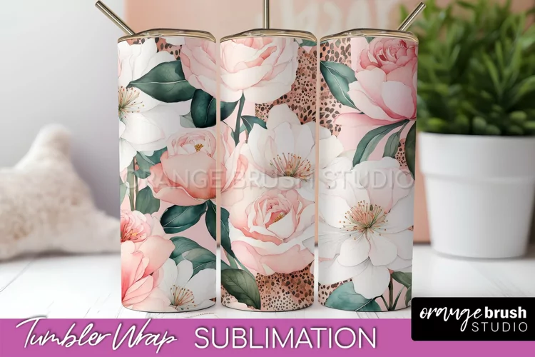 Floral Tumbler Wrap - Pink Flowers Watercolor Tumbler PNG