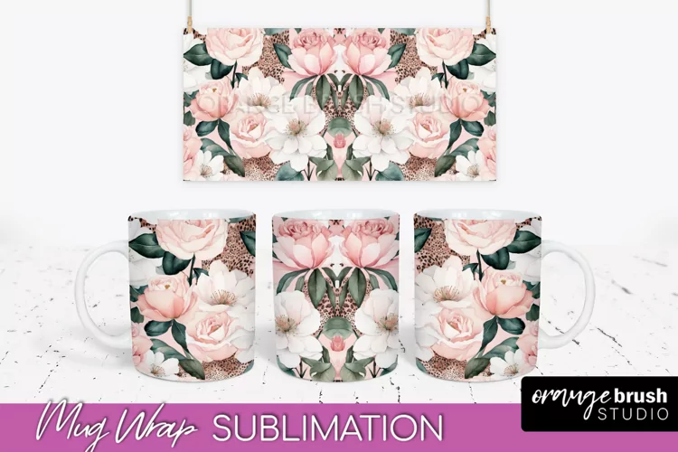 Pink Watercolor Flowers Mug Wrap - Floral Mug Sublimation