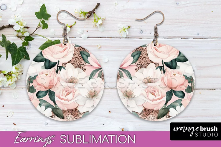 Watercolor Flowers Earrings, Pink Floral Earring Sublimation