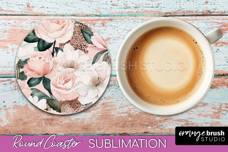 Watercolor Flowers Round Coaster - Floral Pink Sublimation