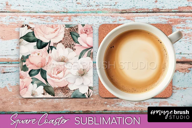 Watercolor Flowers Square Coaster - Floral Pink Sublimation