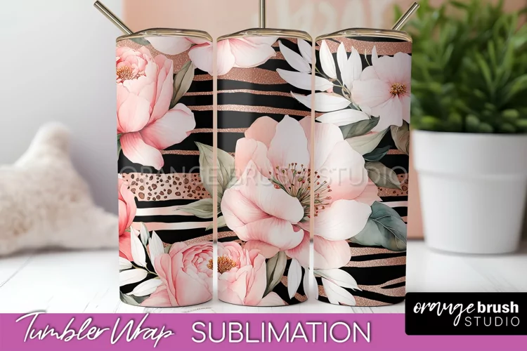 Floral Tumbler Wrap - Pink Flowers Watercolor Tumbler PNG