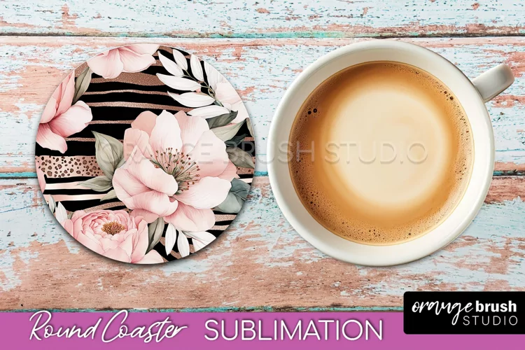 Watercolor Flowers Round Coaster - Floral Pink Sublimation