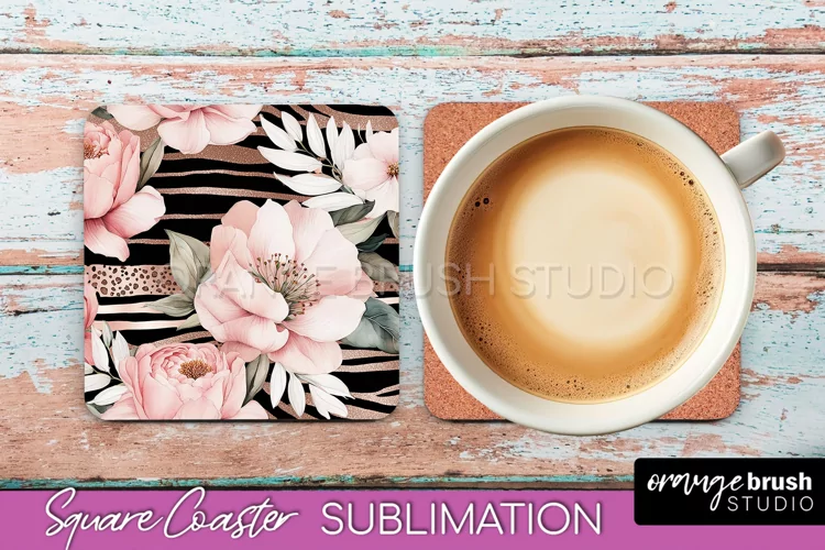 Watercolor Flowers Square Coaster - Floral Pink Sublimation