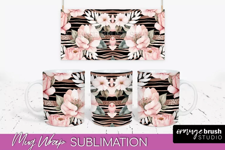 Pink Watercolor Flowers Mug Wrap - Floral Mug Sublimation