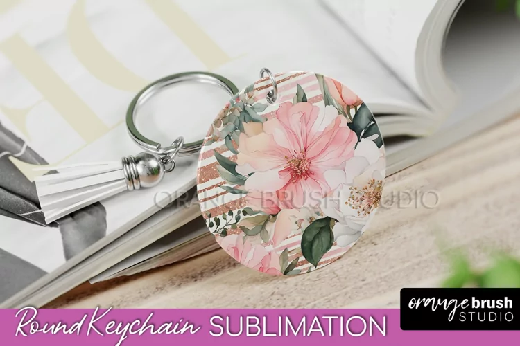 Pink Flowers Keychain, Floral Keychain Sublimation Design