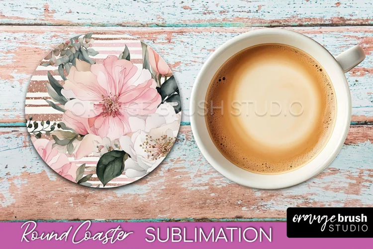 Watercolor Flowers Round Coaster - Floral Pink Sublimation