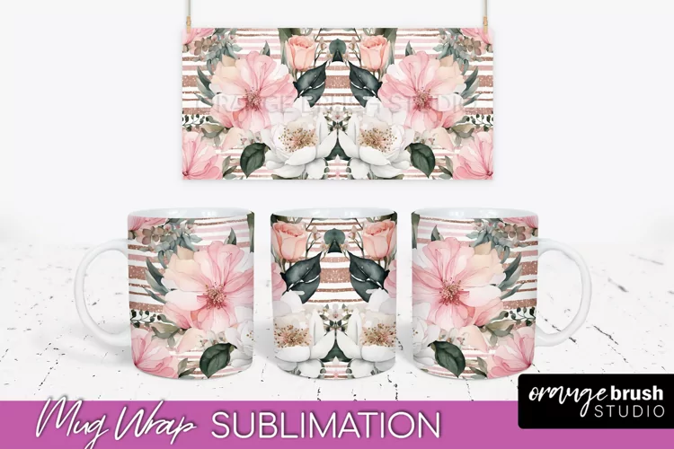 Pink Watercolor Flowers Mug Wrap - Floral Mug Sublimation