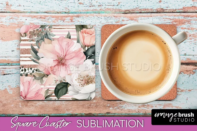 Watercolor Flowers Square Coaster - Floral Pink Sublimation