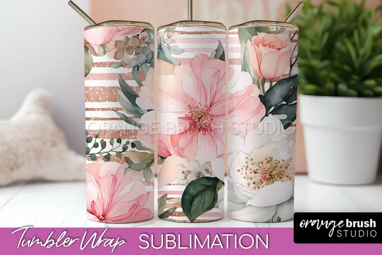 Floral Tumbler Wrap - Pink Flowers Watercolor Tumbler PNG