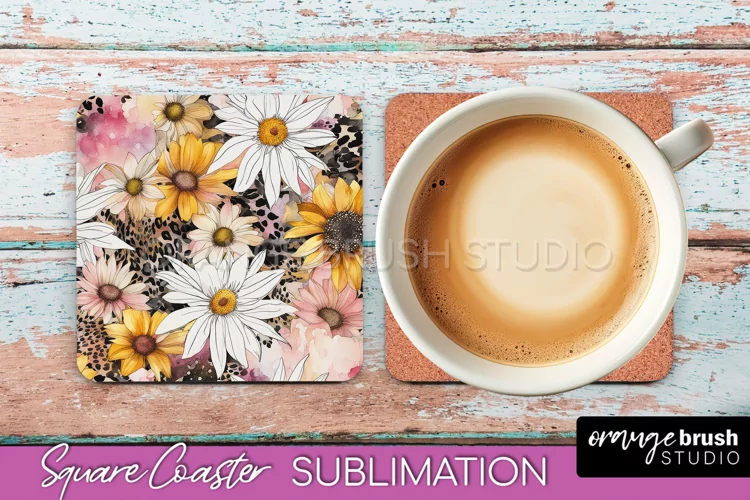 Watercolor Flowers Square Coaster - Floral Pink Sublimation